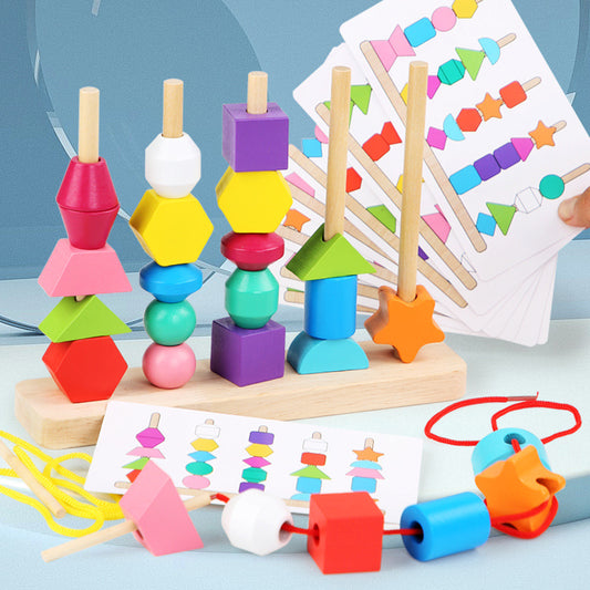 Wooden Children&#039;s Educational Beaded Toys Five Sets Of Columns Color Sensory Enlightenment Toddlers Shape Perception Building Block Toys