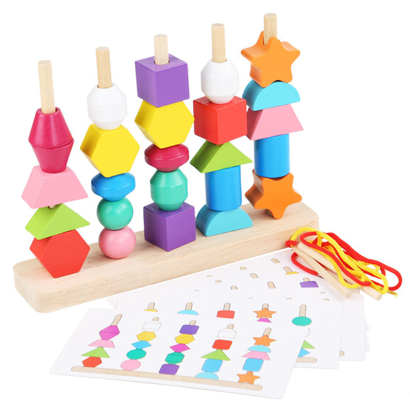 Wooden Children&#039;s Educational Beaded Toys Five Sets Of Columns Color Sensory Enlightenment Toddlers Shape Perception Building Block Toys