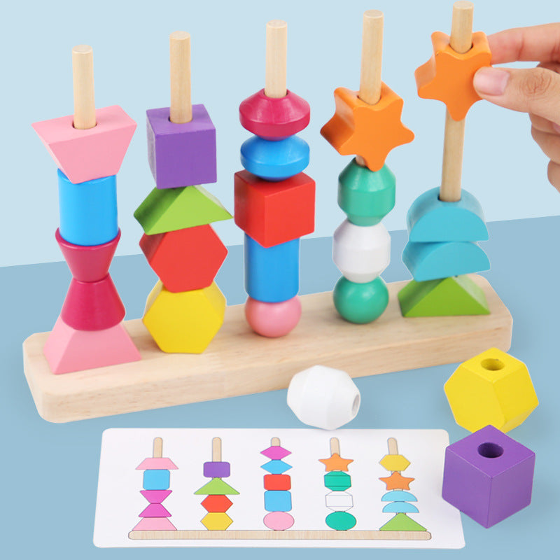 Wooden Children&#039;s Educational Beaded Toys Five Sets Of Columns Color Sensory Enlightenment Toddlers Shape Perception Building Block Toys