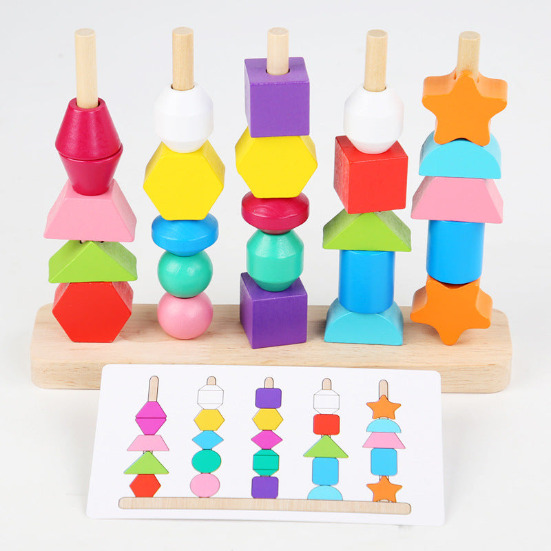 Wooden Children&#039;s Educational Beaded Toys Five Sets Of Columns Color Sensory Enlightenment Toddlers Shape Perception Building Block Toys